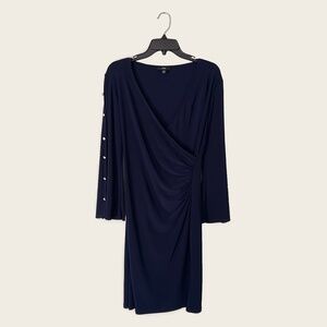 J.B.S. Navy Blue Rhinestone Sleeve Faux Wrap Mini Dress